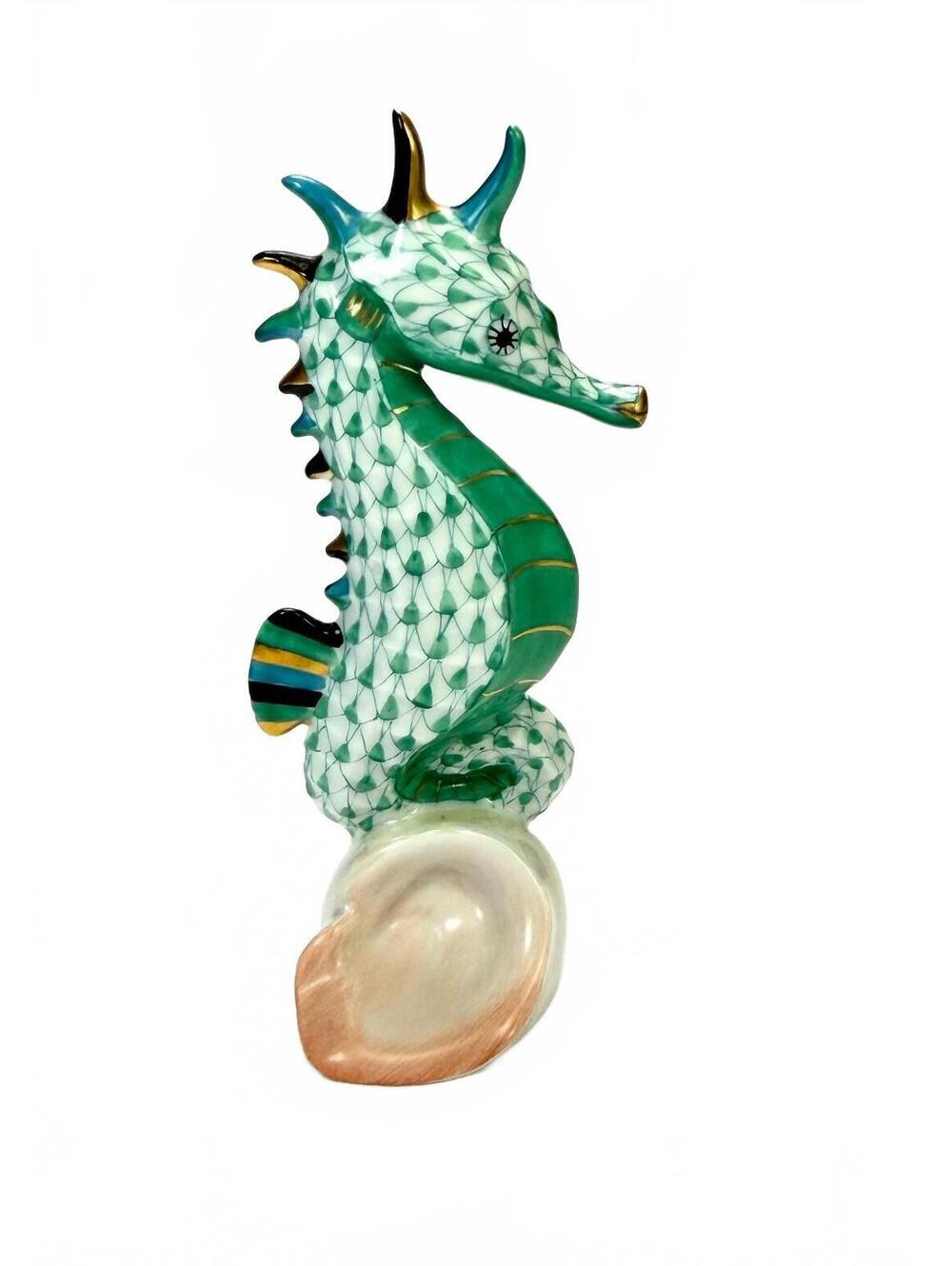Herend Hungary Green Fishnet Seahorse Porcelain Figurine Handpainted Gold
